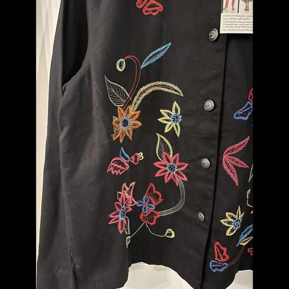 White Stag Embroidered Jacket Black Denim Long Sleeve Button Large Floral Retro - Picture 3 of 9